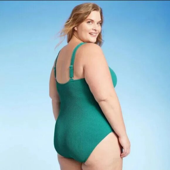 Women's Pucker Square Neck One Piece Swimsuit - Kona Sol Teal Green 22 - Picture 2 of 4